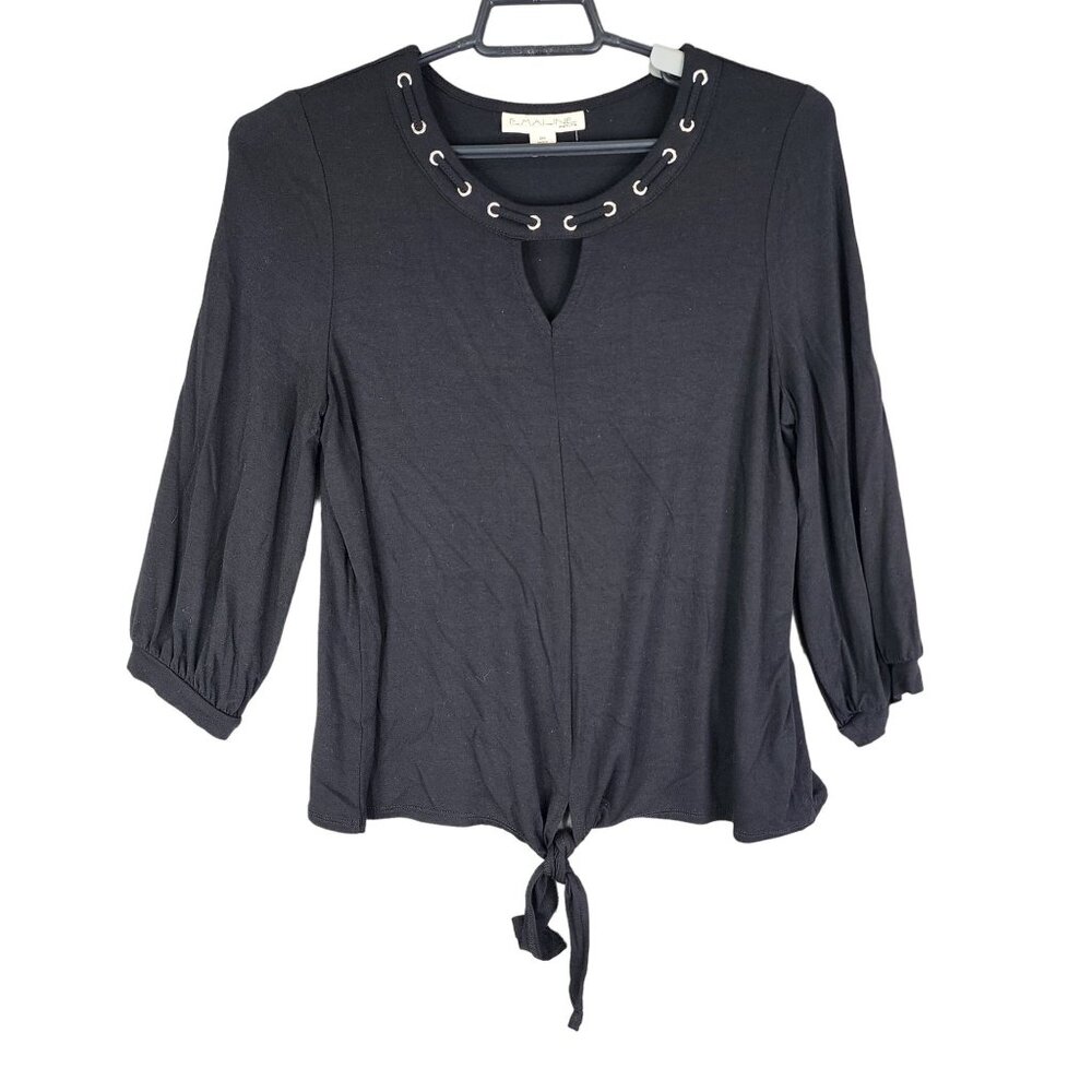 Womens Emaline Petite Black Tie Front Top With Eyelet Neck 3/4 Sleeves PM
